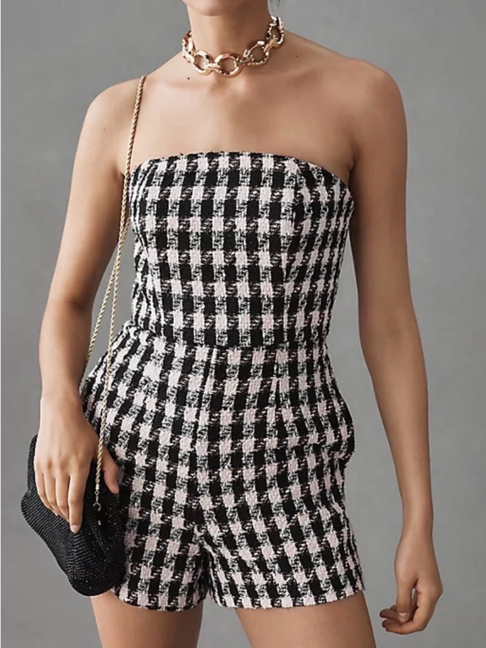 Hutch (from Anthropologie) Strapless Tweed Romper in Black, Baby Pink and White